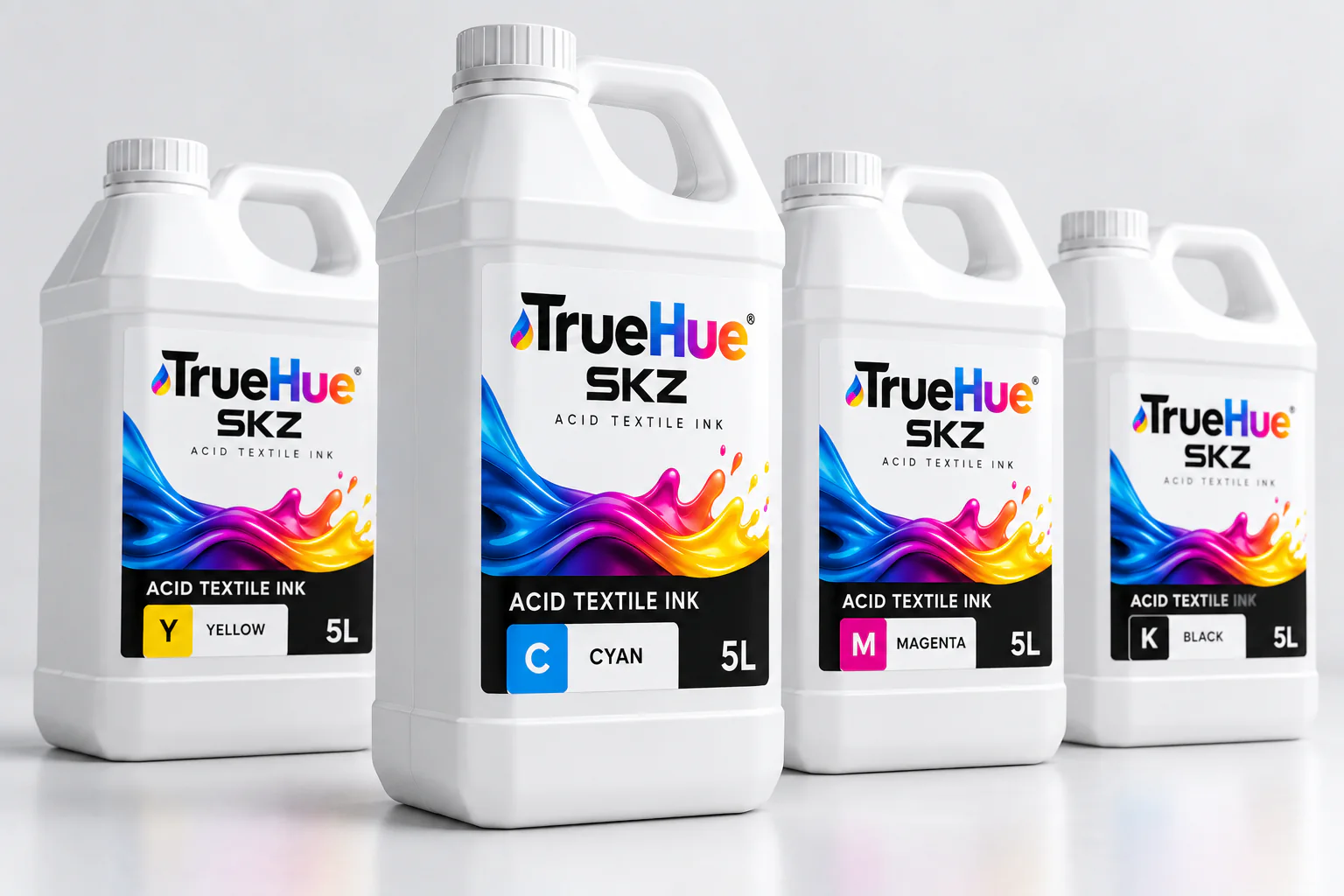 TrueHue Asit Tekstil mürekkep bidonları: camgöbeği, macenta, sarı ve siyah
