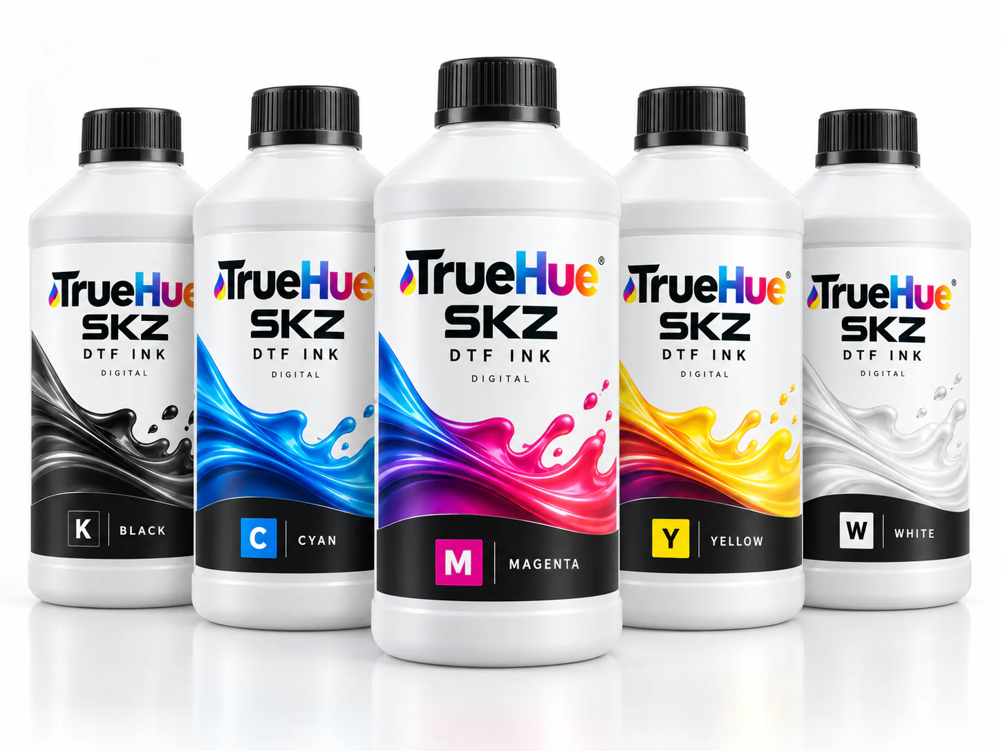 TrueHue DTF mürekkep şişeleri: siyah, camgöbeği, macenta, sarı ve beyaz