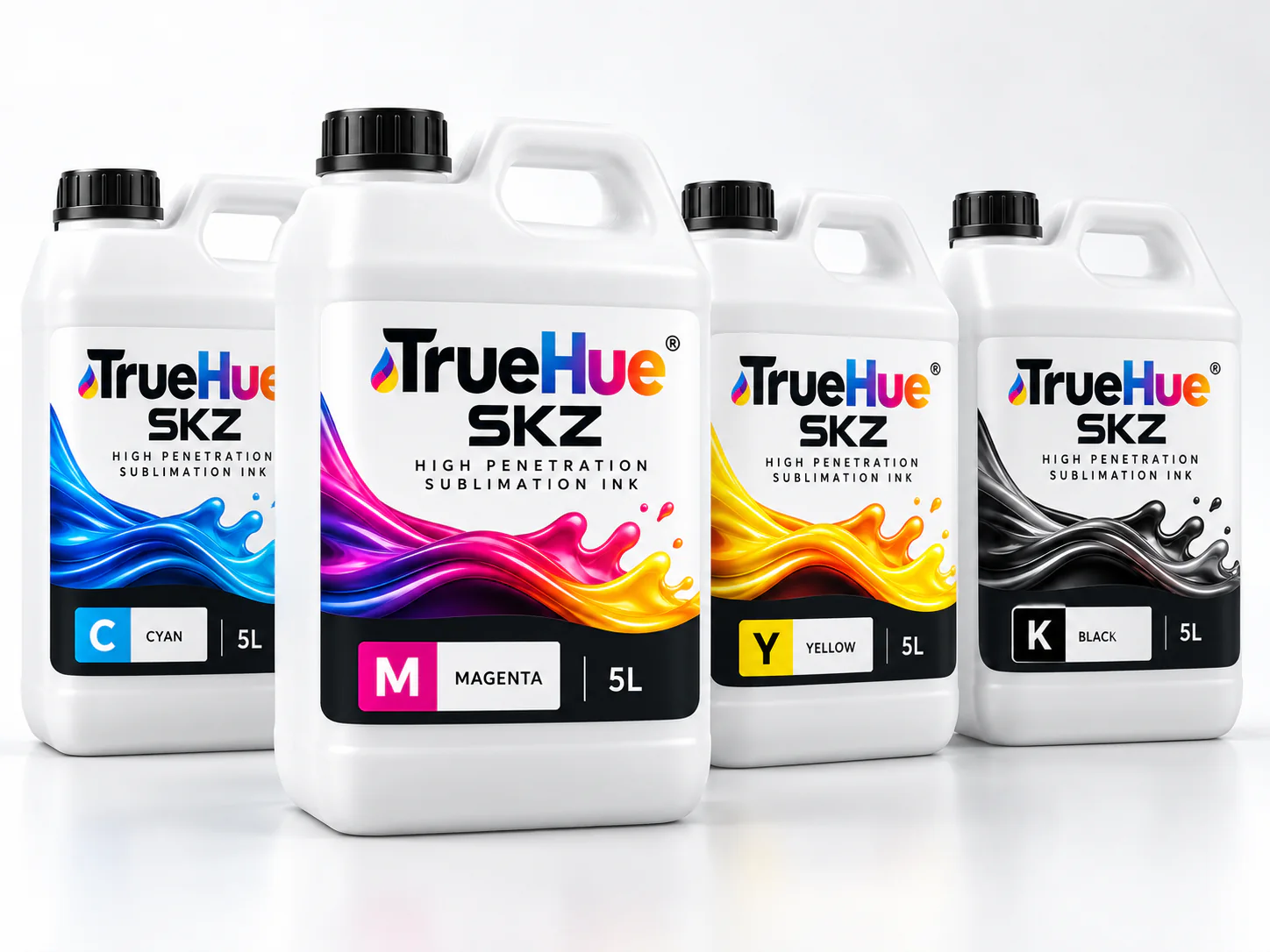 TrueHue Yüksek Penetrasyonlu Sublimasyon mürekkep bidonları: camgöbeği, macenta, sarı ve siyah