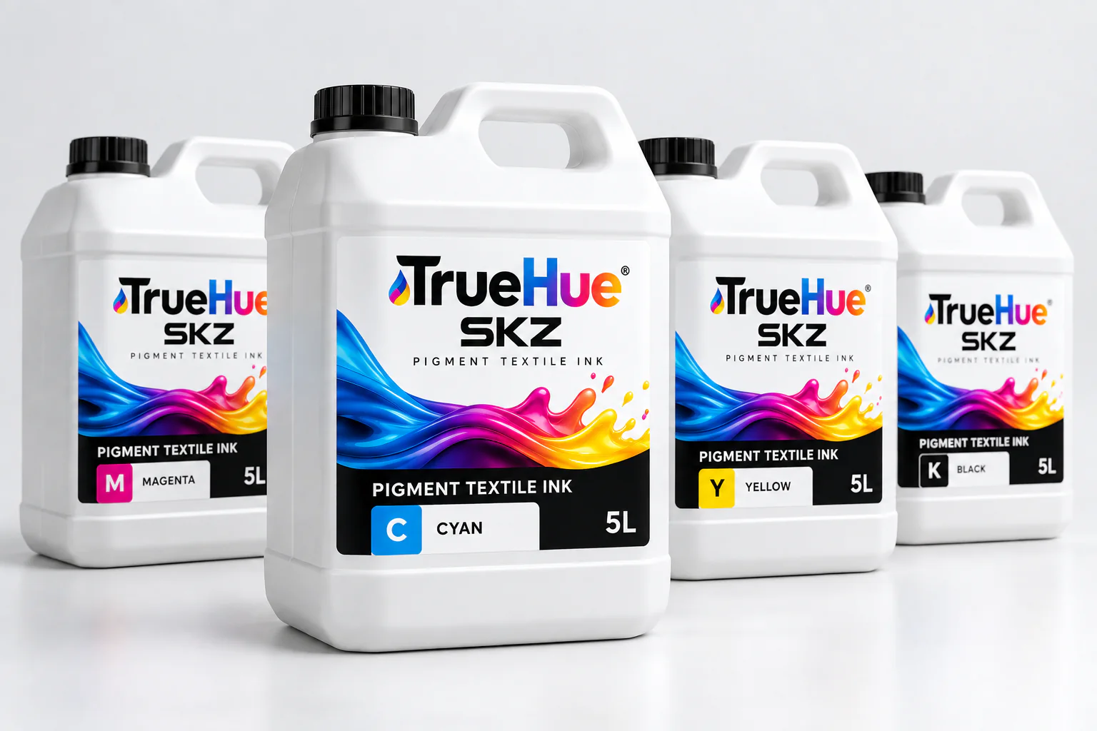 TrueHue Pigment Tekstil mürekkep bidonları: camgöbeği, macenta, sarı ve siyah