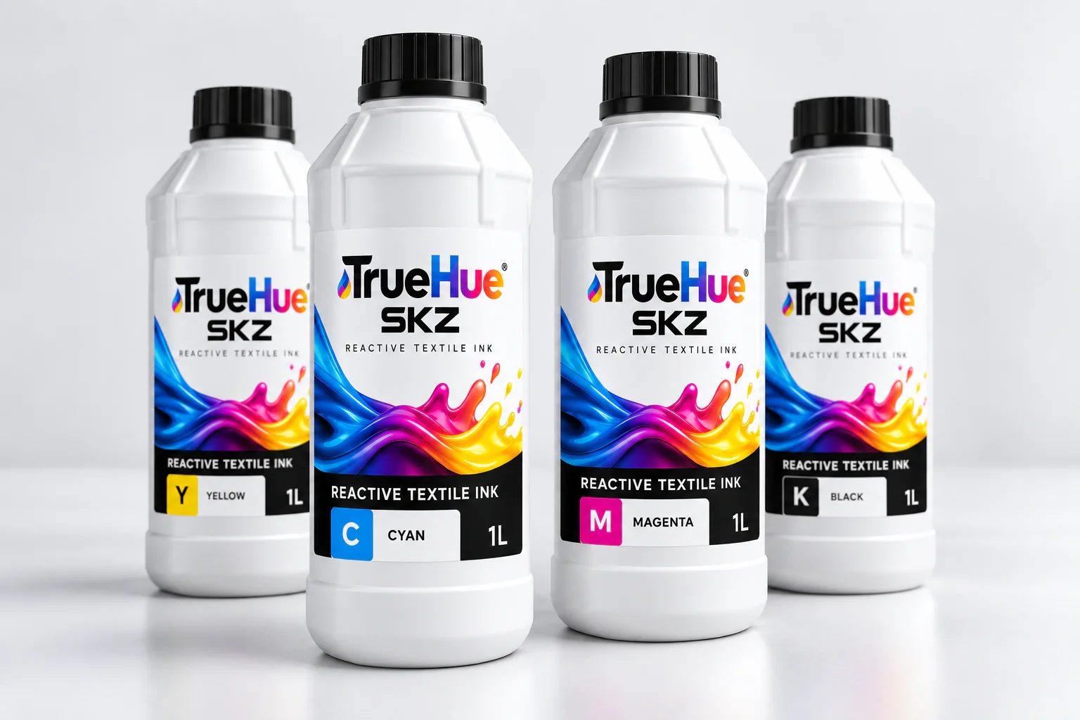 TrueHue Reaktif Tekstil mürekkep şişeleri: camgöbeği, macenta, sarı ve siyah